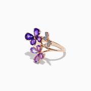 A stunning 14K rose gold Effy ring features multiple amethyst and diamond butterflies, beautifully displayed against a white background.