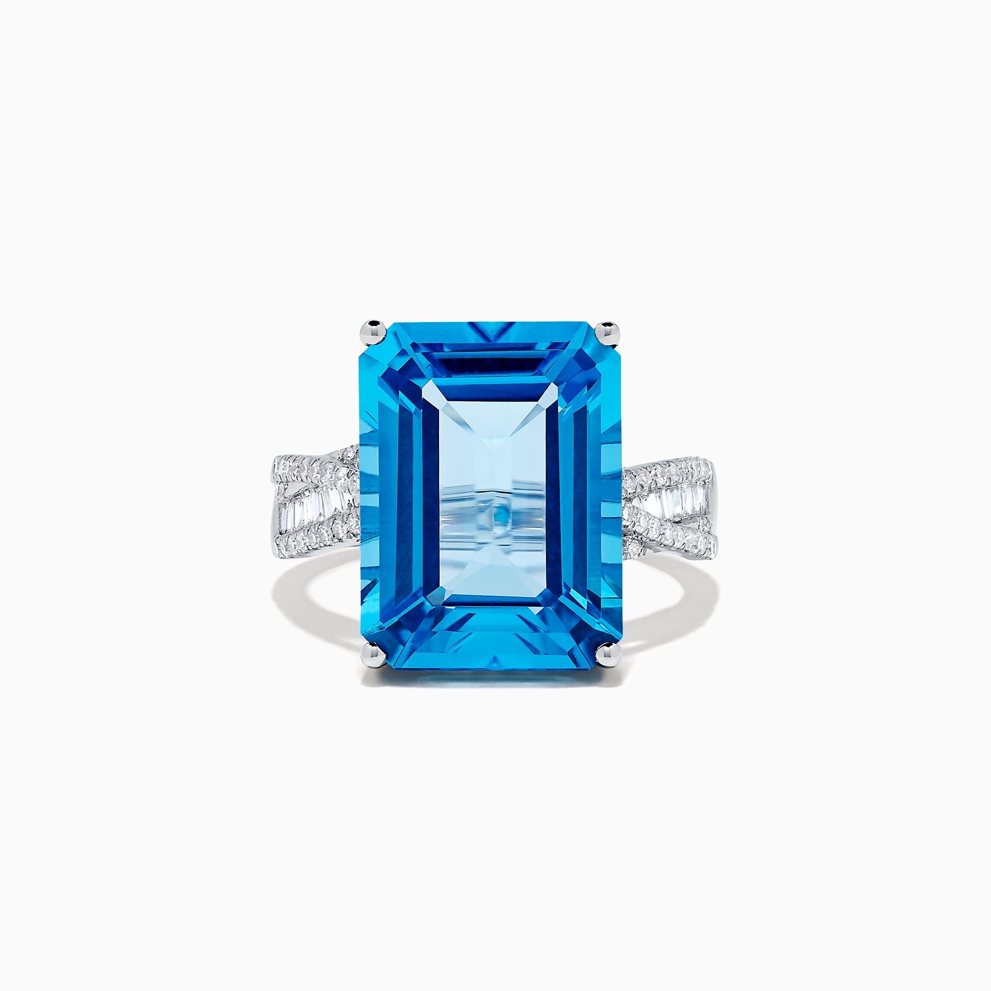 The Ocean Bleu 14K White Gold Blue Topaz and Diamond Ring, 13.65 TCW, showcases a large emerald-cut blue topaz with side baguette diamonds on a white gold band, set against a plain white background.