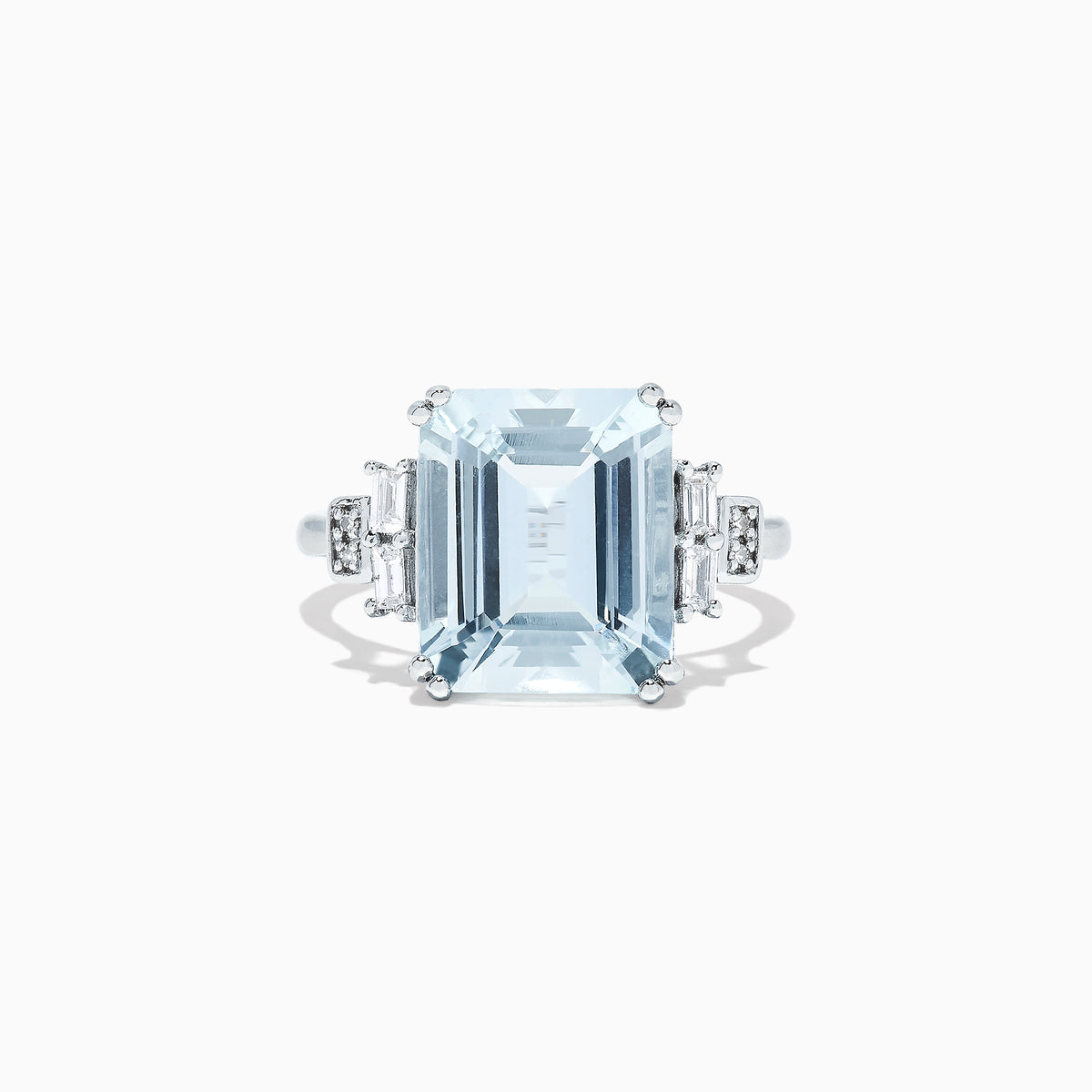 The Aquarius 14K White Gold Aquamarine and Diamond Ring, 5.05 TCW, features a bold emerald-cut aquamarine center with rectangular and round diamond accents on each side, displayed against a plain white background.