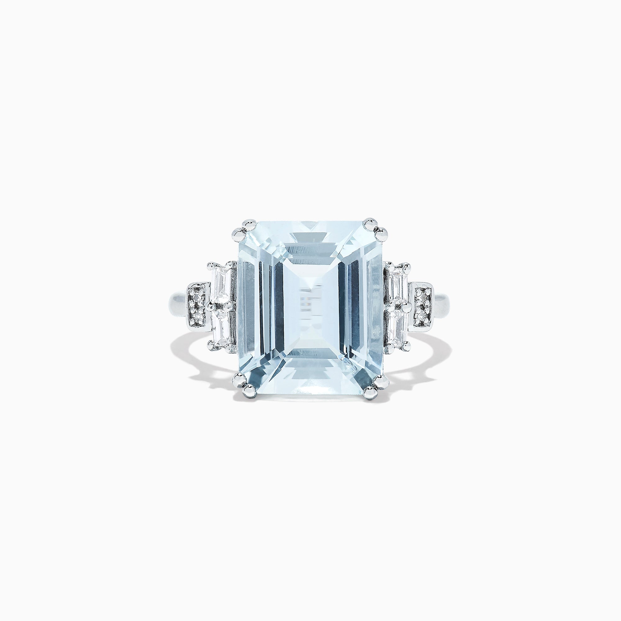 The Aquarius 14K White Gold Aquamarine and Diamond Ring, 5.05 TCW, features a bold emerald-cut aquamarine center with rectangular and round diamond accents on each side, displayed against a plain white background.