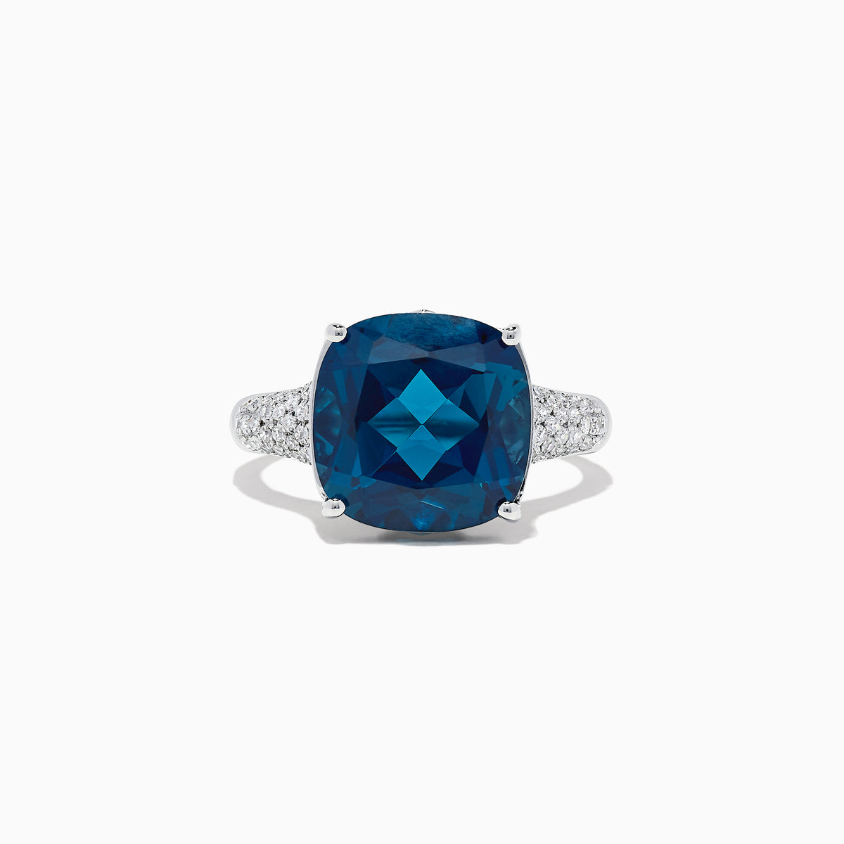The Ocean Bleu 14K Gold London Blue Topaz and Diamond Ring (8.69 TCW) features a bold cushion-cut center stone accented by round white diamonds along the band, displayed on a plain white background.