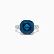 The Ocean Bleu 14K Gold London Blue Topaz and Diamond Ring (8.69 TCW) features a bold cushion-cut center stone accented by round white diamonds along the band, displayed on a plain white background.