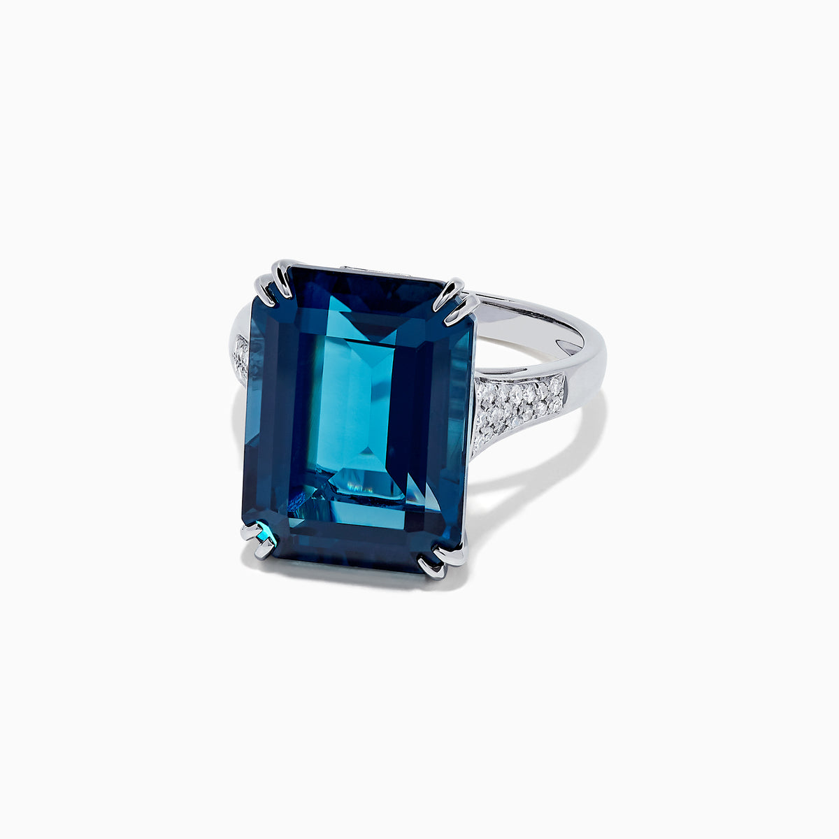 The Ocean Bleu 14K Gold London Blue Topaz and Diamond Ring, 15.14 TCW, features a rectangular emerald-cut topaz center and side diamonds, displayed against a plain white background.