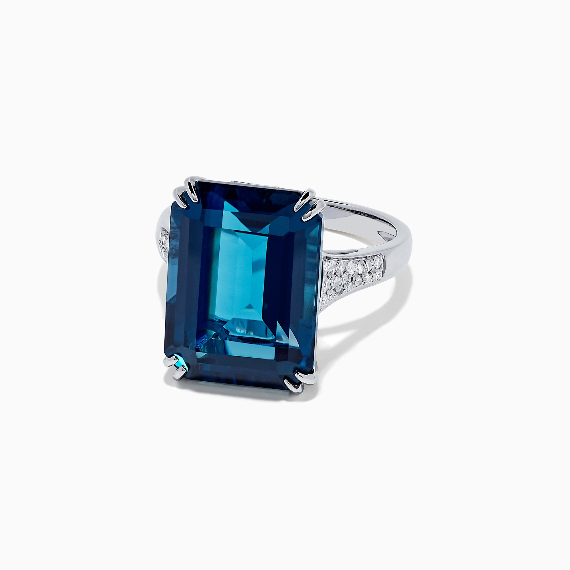 The Ocean Bleu 14K Gold London Blue Topaz and Diamond Ring, 15.14 TCW, features a rectangular emerald-cut topaz center and side diamonds, displayed against a plain white background.