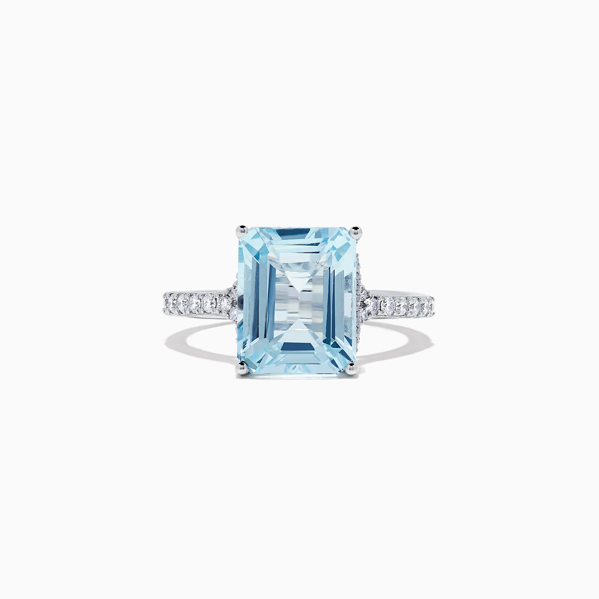 The Aquarius 14K White Gold Aquamarine and Diamond Ring, 4.12 TCW, features a large emerald-cut aquamarine with sparkling round diamonds on the band, shown against a plain white background.