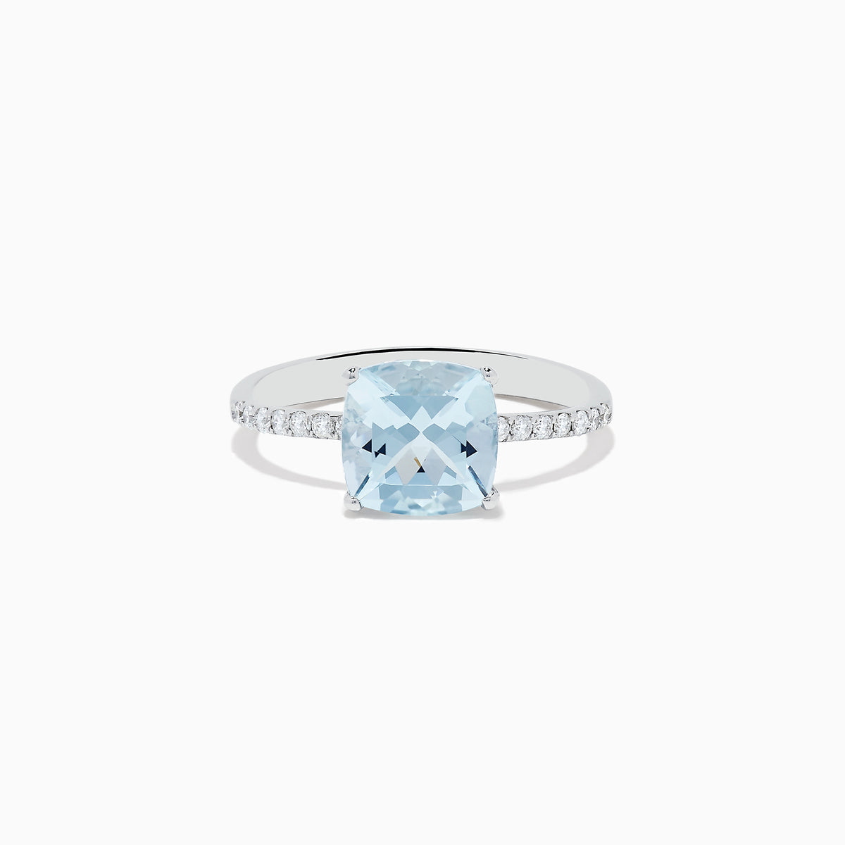 The Aquarius 14K White Gold Aquamarine and Diamond Ring features a cushion-cut aquamarine centerpiece accented by sparkling diamonds along the band.