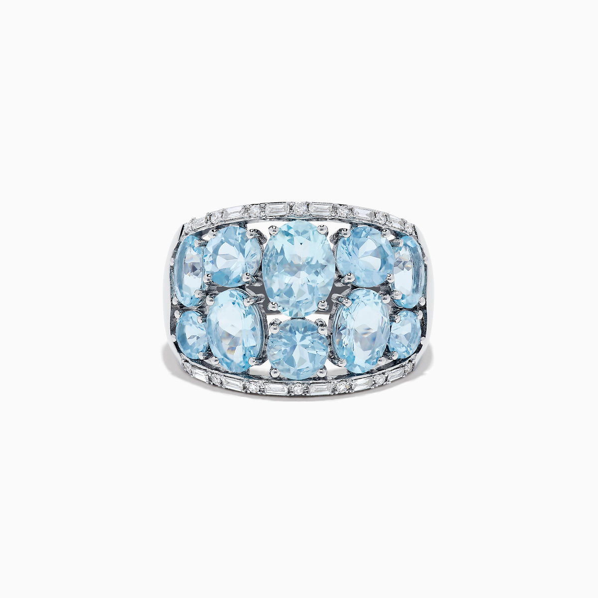 The Aquarius 14k White Gold Aquamarine and Diamond Ring showcases a wide band set with nine oval-cut aquamarines in three rows, accented by sparkling diamonds along the edges for added brilliance.