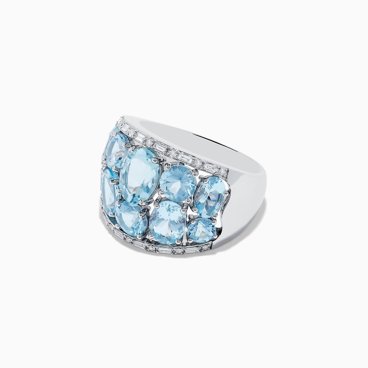 The Aquarius 14k White Gold Aquamarine and Diamond Ring showcases a wide band set with nine oval-cut aquamarines in three rows, accented by sparkling diamonds along the edges for added brilliance.