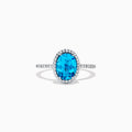The Ocean Bleu 14K White Gold Blue Topaz and Diamond Ring, 2.51 TCW, showcases an oval blue topaz center with a diamond halo and additional diamonds along the band.