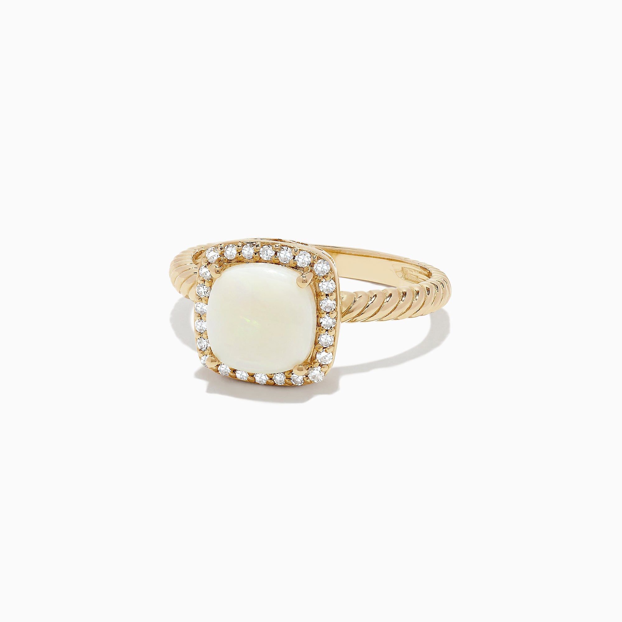 The Aurora 14K Yellow Gold Opal and Diamond Ring, 1.33 TCW, features a rectangular opal with a diamond halo and textured band.