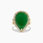 The 14K Yellow Gold Jade and Diamond Cocktail Ring, 14.08 TCW, showcases a large pear-shaped green jade accented by sparkling diamonds, all set in yellow gold and shown against a white background.
