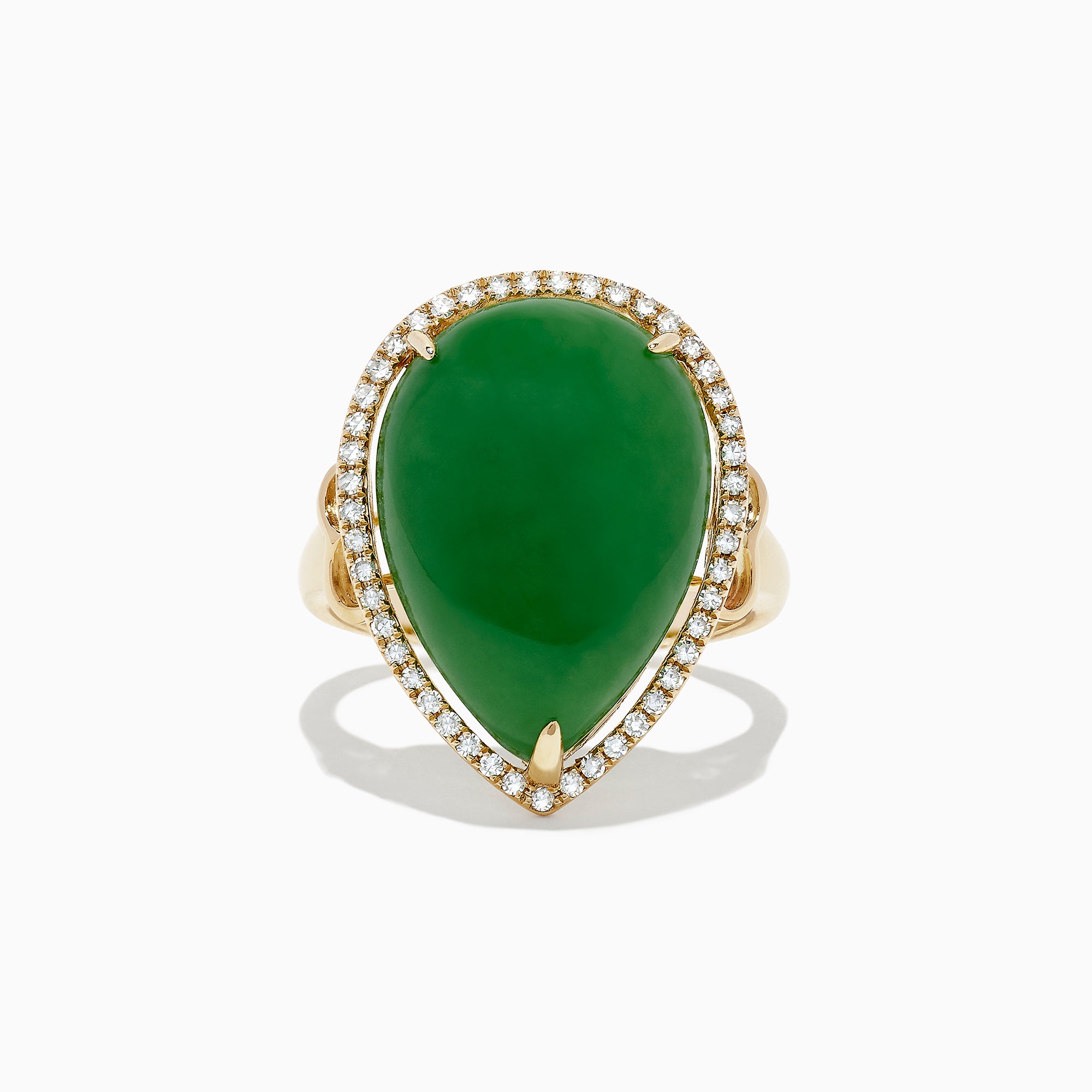 The 14K Yellow Gold Jade and Diamond Cocktail Ring, 14.08 TCW, showcases a large pear-shaped green jade accented by sparkling diamonds, all set in yellow gold and shown against a white background.