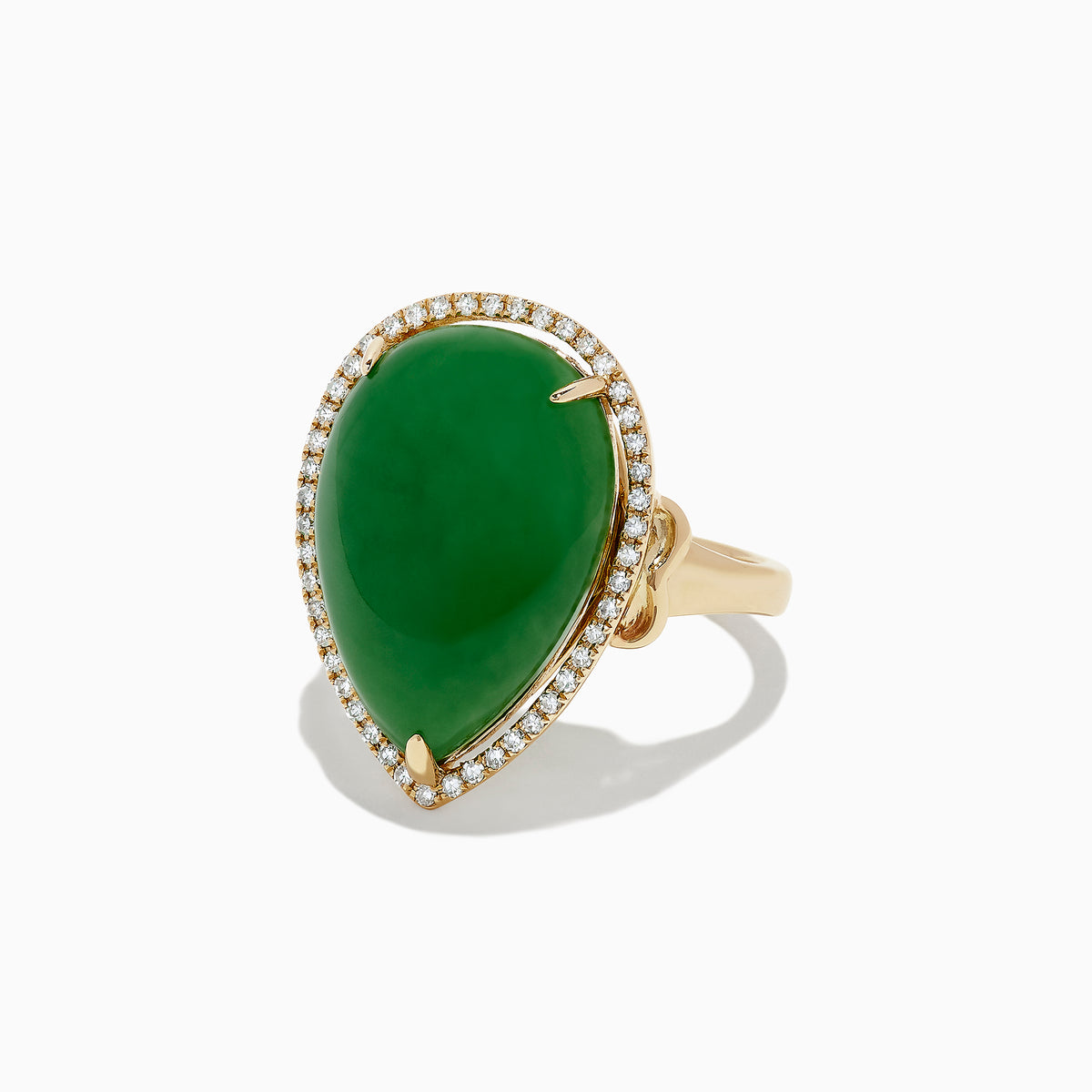 The 14K Yellow Gold Jade and Diamond Cocktail Ring, 14.08 TCW, showcases a large pear-shaped green jade accented by sparkling diamonds, all set in yellow gold and shown against a white background.