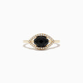 The Novelty 14K Yellow Gold Onyx and Diamond Evil Eye Ring (1.56 TCW) features a round onyx center surrounded by sparkling diamonds in an eye-shaped setting.