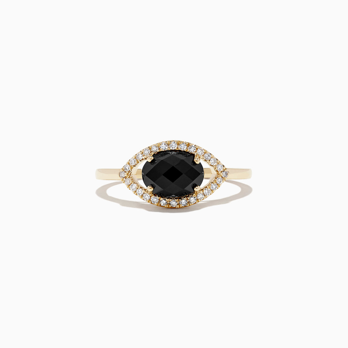 The Novelty 14K Yellow Gold Onyx and Diamond Evil Eye Ring (1.56 TCW) features a round onyx center surrounded by sparkling diamonds in an eye-shaped setting.
