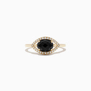 The Novelty 14K Yellow Gold Onyx and Diamond Evil Eye Ring (1.56 TCW) features a round onyx center surrounded by sparkling diamonds in an eye-shaped setting.