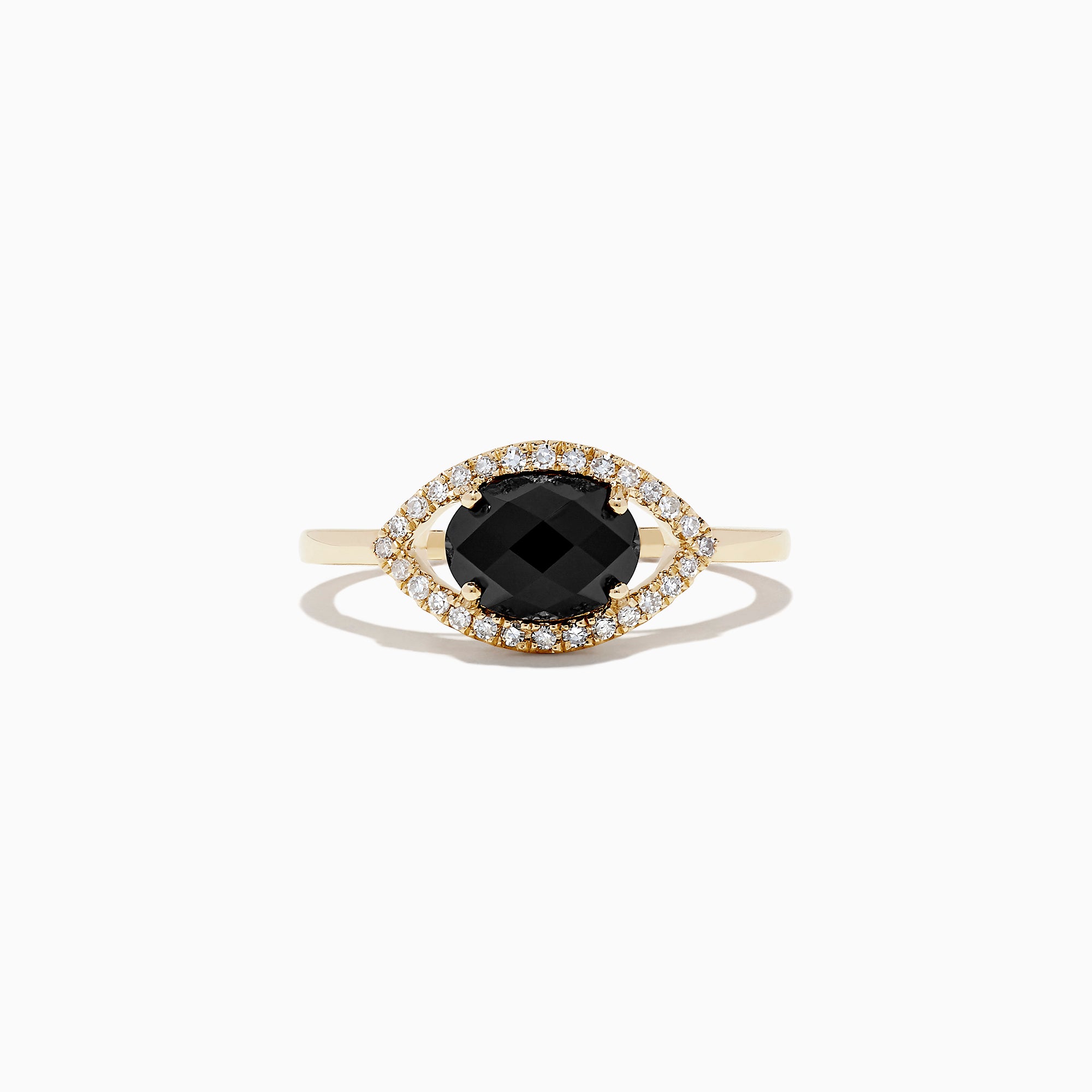 The Novelty 14K Yellow Gold Onyx and Diamond Evil Eye Ring (1.56 TCW) features a round onyx center surrounded by sparkling diamonds in an eye-shaped setting.