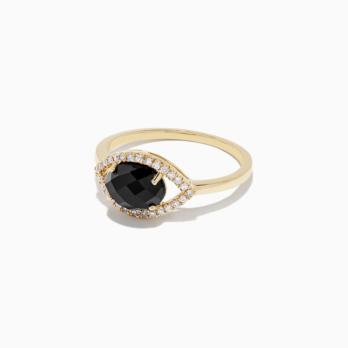 The Novelty 14K Yellow Gold Onyx and Diamond Evil Eye Ring (1.56 TCW) features a round onyx center surrounded by sparkling diamonds in an eye-shaped setting.