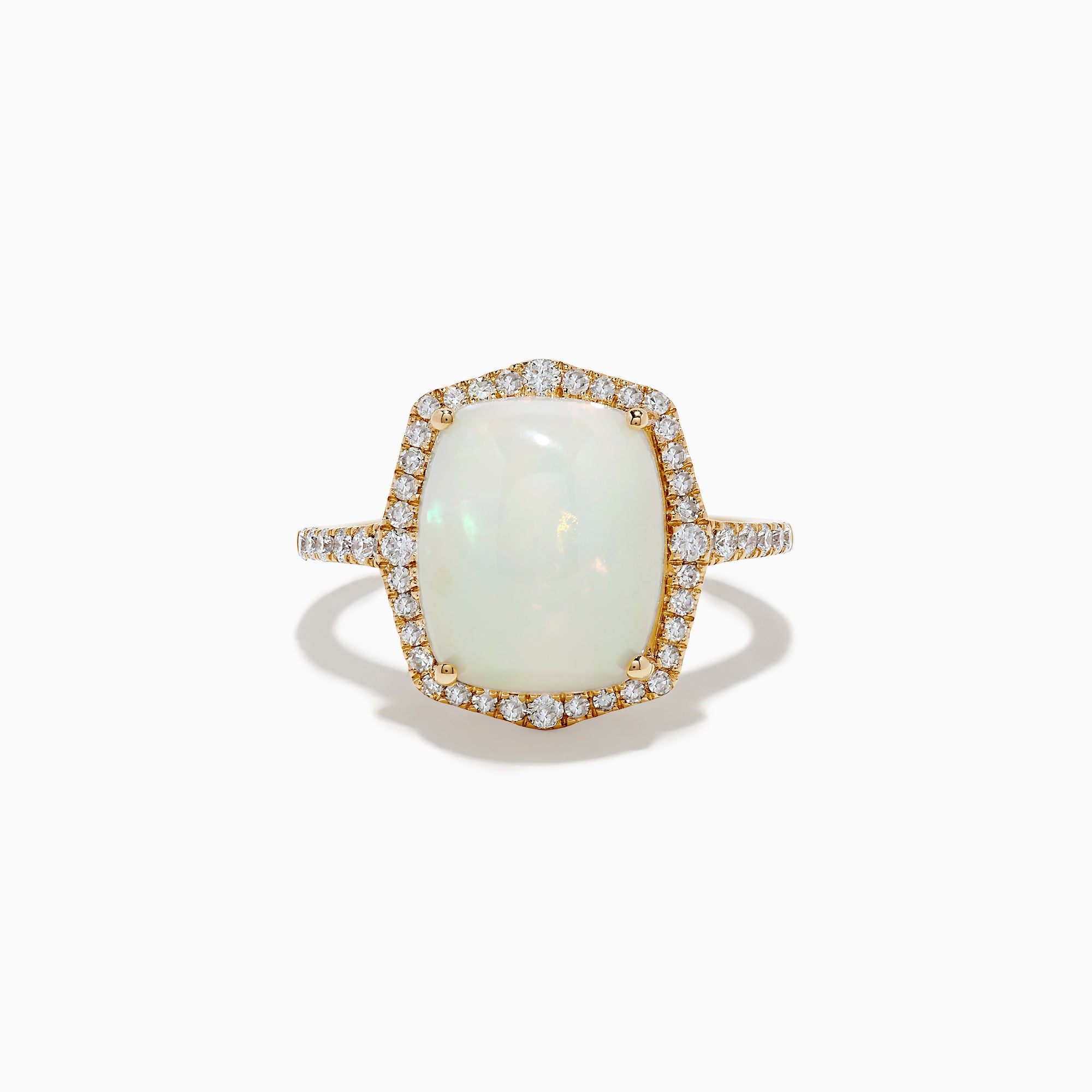 The Aurora 14K Yellow Gold Opal and Diamond Ring showcases a large rectangular opal center, surrounded by a halo of sparkling diamonds with additional diamonds adorning the band.