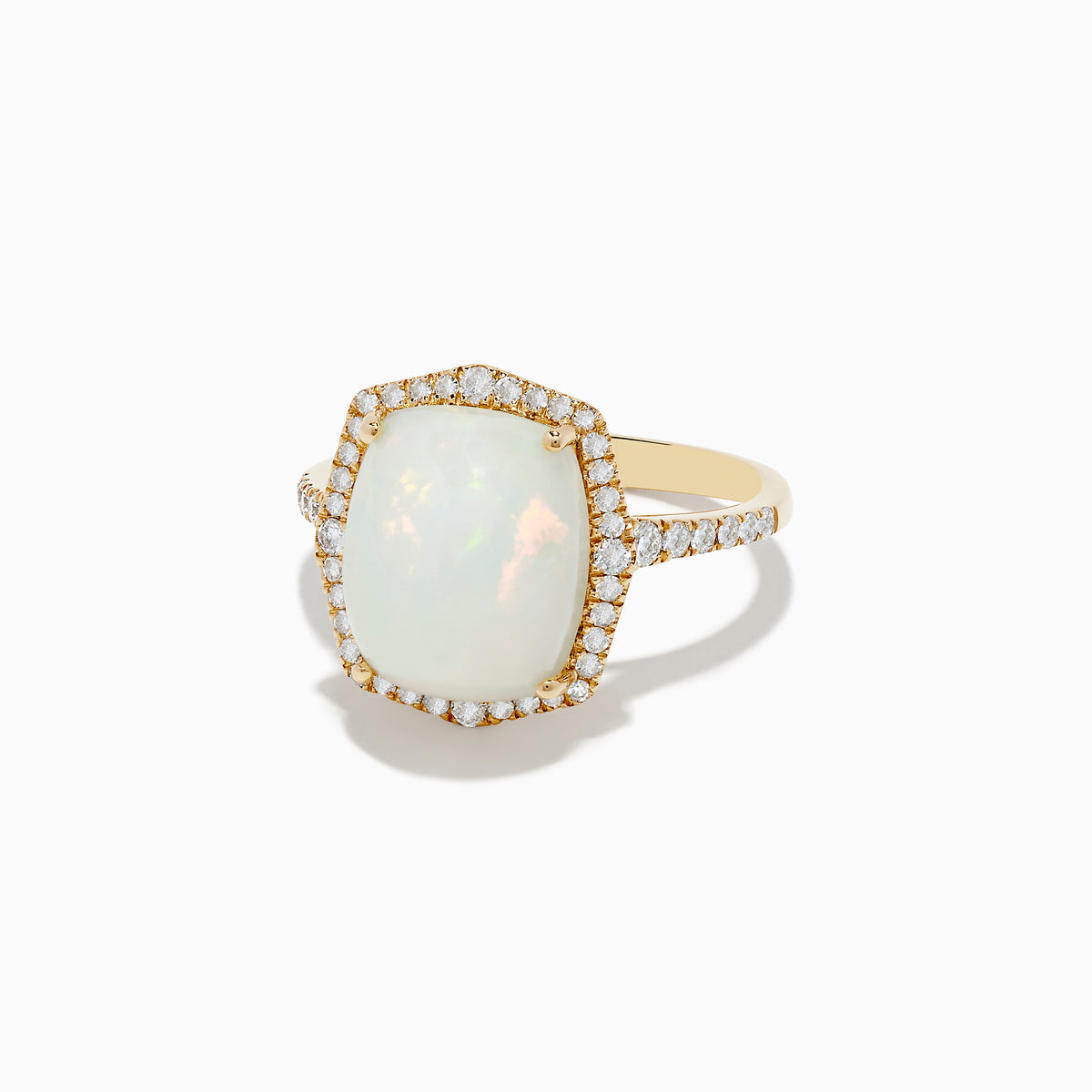 The Aurora 14K Yellow Gold Opal and Diamond Ring showcases a large rectangular opal center, surrounded by a halo of sparkling diamonds with additional diamonds adorning the band.