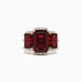 The Bordeaux 14K Yellow Gold Garnet and Diamond Three Stone Ring, 8.62 TCW, features three rectangular garnets—the center stone larger than the sides—outlined by small round diamonds.