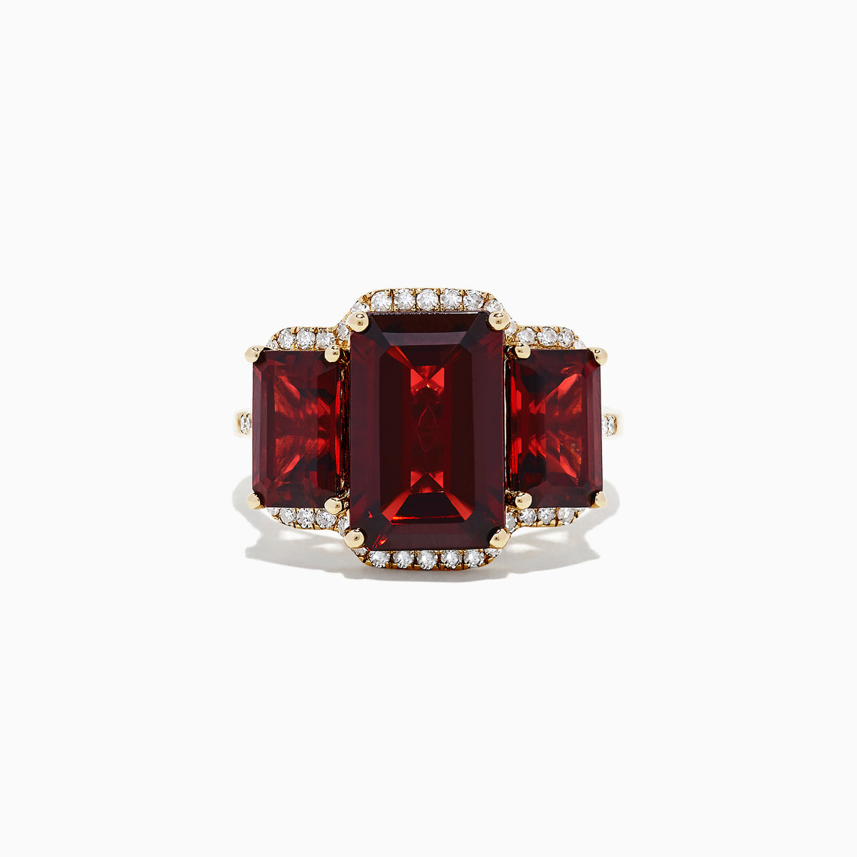 The Bordeaux 14K Yellow Gold Garnet and Diamond Three Stone Ring, 8.62 TCW, features three rectangular garnets—the center stone larger than the sides—outlined by small round diamonds.