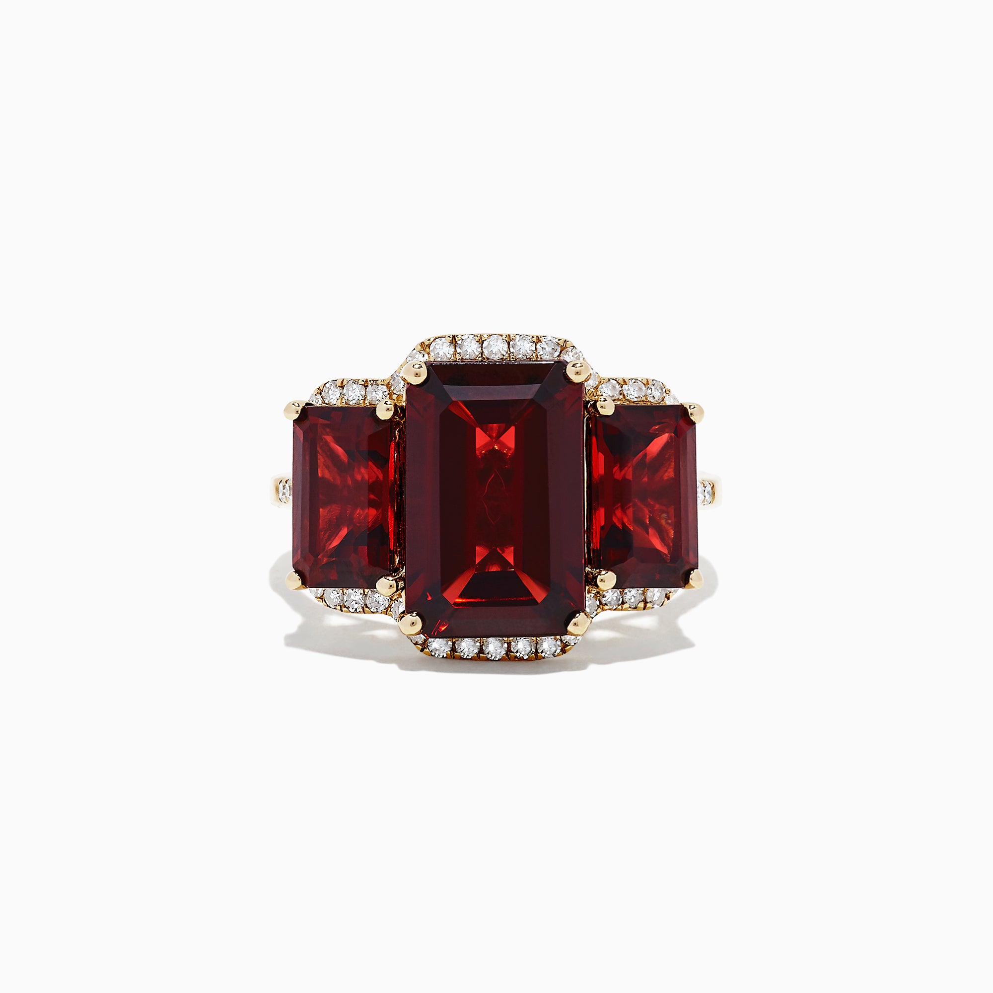 The Bordeaux 14K Yellow Gold Garnet and Diamond Three Stone Ring, 8.62 TCW, features three rectangular garnets—the center stone larger than the sides—outlined by small round diamonds.