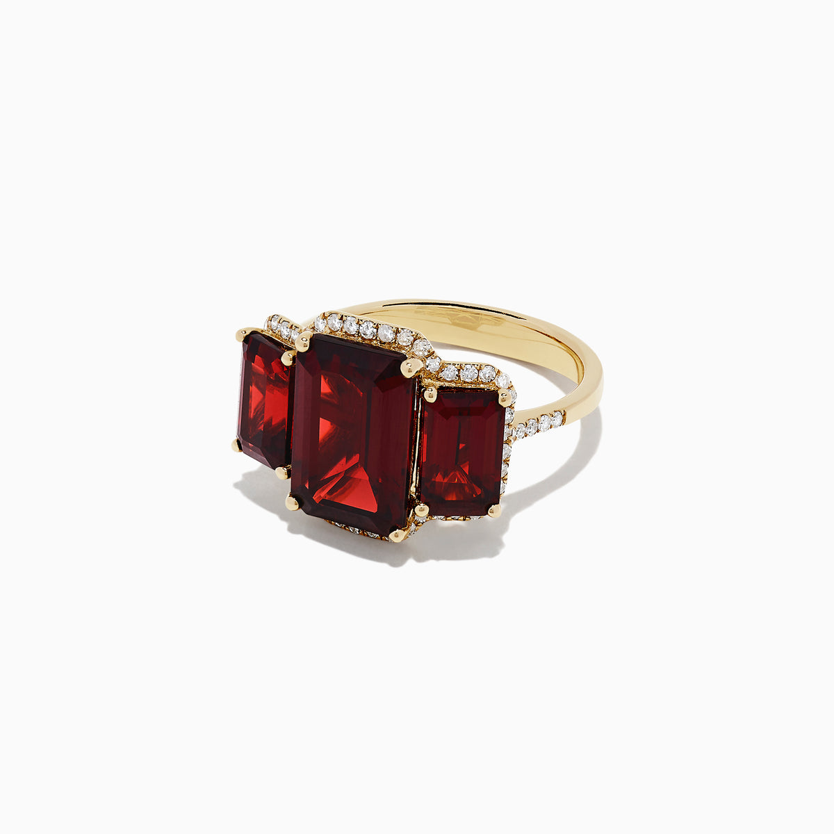 The Bordeaux 14K Yellow Gold Garnet and Diamond Three Stone Ring, 8.62 TCW, features three rectangular garnets—the center stone larger than the sides—outlined by small round diamonds.