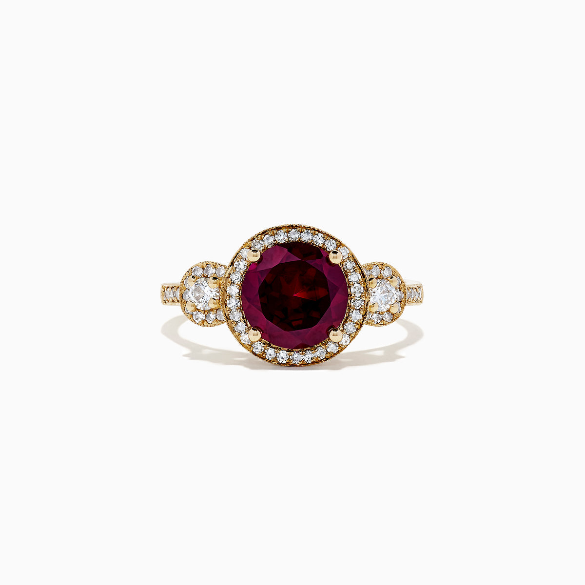 The Bordeaux 14K Yellow Gold Rhodolite Garnet and Diamond Ring (2.14 TCW) features a round rhodolite garnet center, haloed by white diamonds, with diamond accents along the band and two diamond clusters on each side.