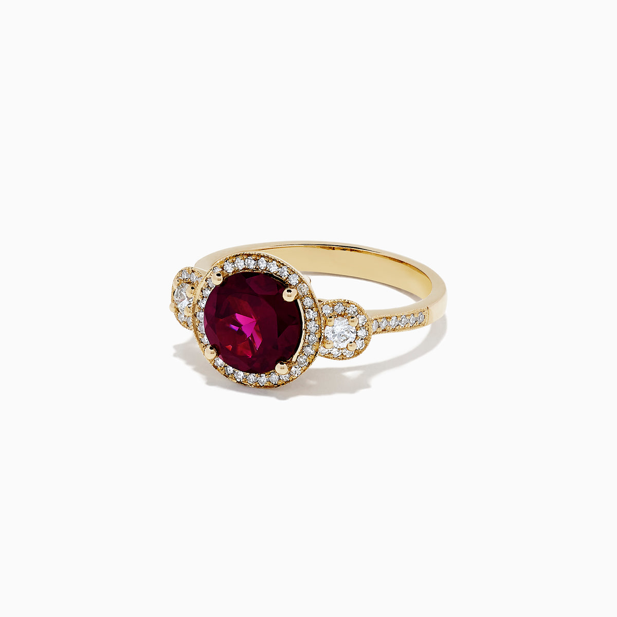 The Bordeaux 14K Yellow Gold Rhodolite Garnet and Diamond Ring (2.14 TCW) features a round rhodolite garnet center, haloed by white diamonds, with diamond accents along the band and two diamond clusters on each side.
