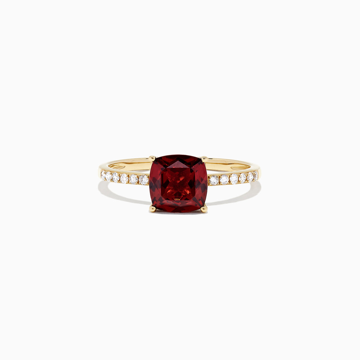 The Bordeaux 14K Yellow Gold Garnet and Diamond Ring (1.66 TCW) features a cushion-cut deep red garnet centerpiece with round white diamonds set along the band.