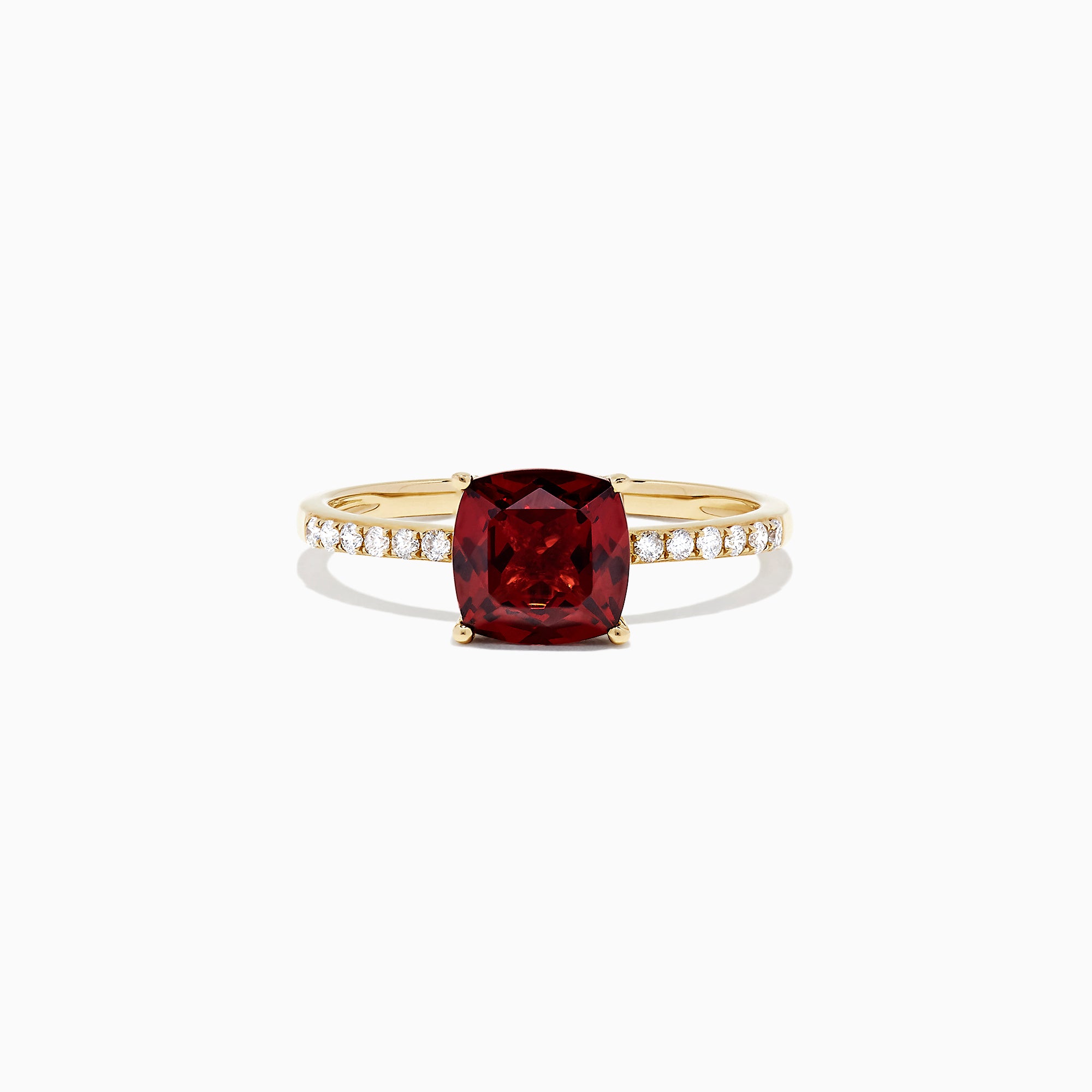 The Bordeaux 14K Yellow Gold Garnet and Diamond Ring (1.66 TCW) features a cushion-cut deep red garnet centerpiece with round white diamonds set along the band.