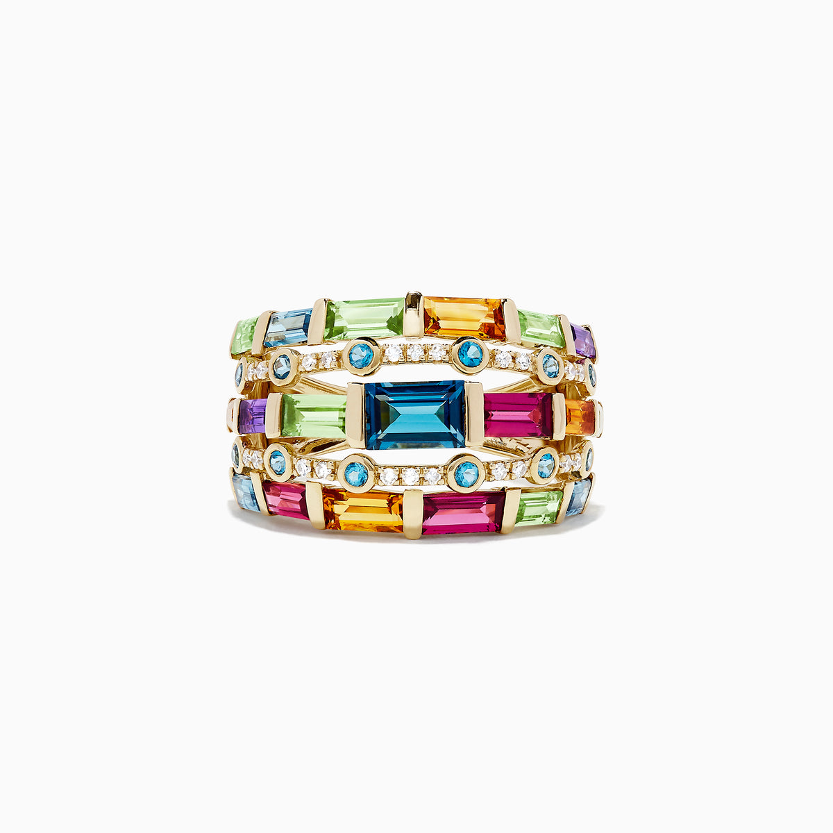 The Mosaic 14K Yellow Gold Multi Gemstone and Diamond Ring, 3.90 TCW, features diamonds and multi-colored gemstones in three rows with various shapes and sizes, including blue, green, yellow, pink, purple, and clear stones.