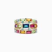 The Mosaic 14K Yellow Gold Multi Gemstone and Diamond Ring, 3.90 TCW, features diamonds and multi-colored gemstones in three rows with various shapes and sizes, including blue, green, yellow, pink, purple, and clear stones.