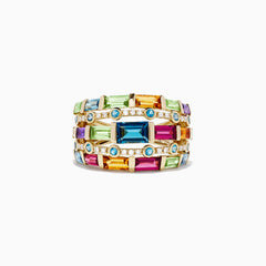 The Mosaic 14K Yellow Gold Multi Gemstone and Diamond Ring, 3.90 TCW, features diamonds and multi-colored gemstones in three rows with various shapes and sizes, including blue, green, yellow, pink, purple, and clear stones.