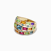The Mosaic 14K Yellow Gold Multi Gemstone and Diamond Ring, 3.90 TCW, features diamonds and multi-colored gemstones in three rows with various shapes and sizes, including blue, green, yellow, pink, purple, and clear stones.