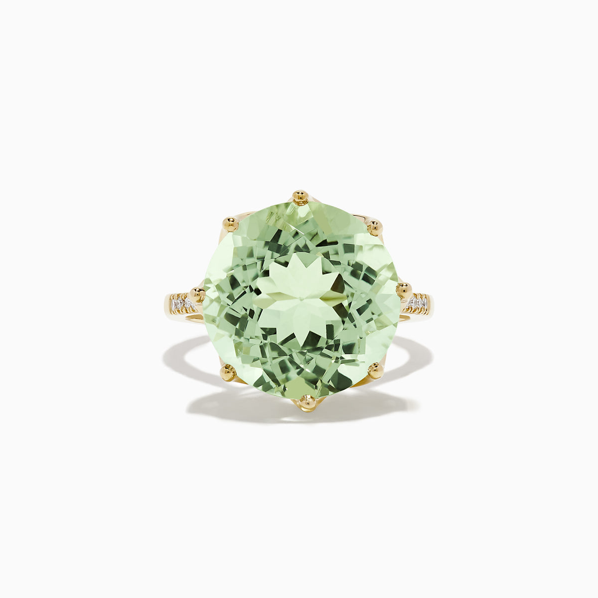 The 14K Yellow Gold Green Amethyst and Diamond Cocktail Ring, 11.95 TCW, features a large faceted green amethyst in a prong setting, shown from above on a white background.