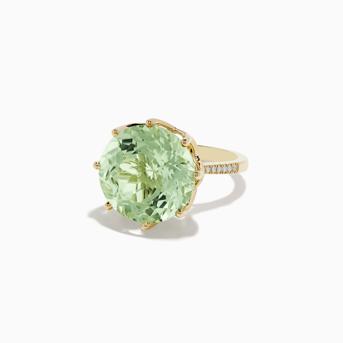 The 14K Yellow Gold Green Amethyst and Diamond Cocktail Ring, 11.95 TCW, features a large faceted green amethyst in a prong setting, shown from above on a white background.