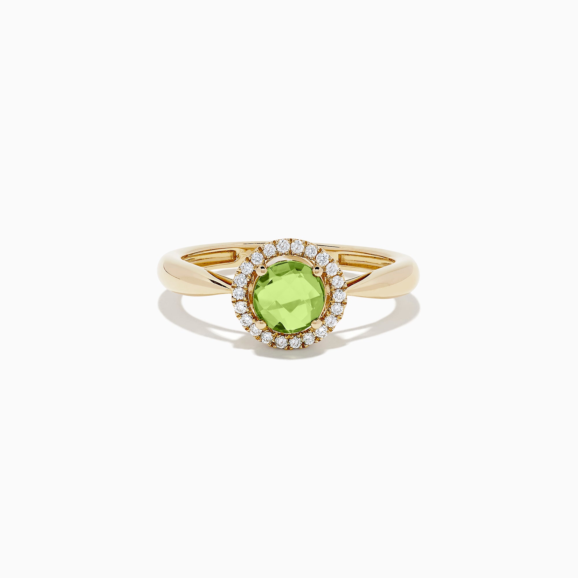 The 14k Yellow Gold Peridot and Diamond Ring, 1.10 TCW, showcases a round green peridot center encircled by a halo of sparkling diamonds, all set in yellow gold and displayed against a white background.