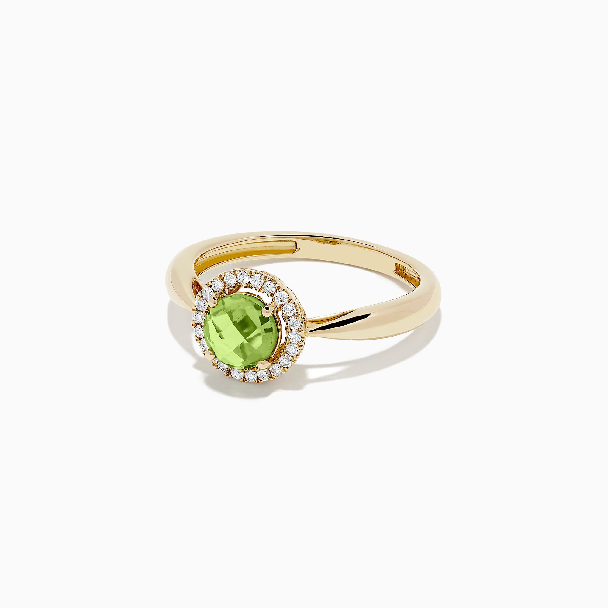 The 14k Yellow Gold Peridot and Diamond Ring, 1.10 TCW, showcases a round green peridot center encircled by a halo of sparkling diamonds, all set in yellow gold and displayed against a white background.