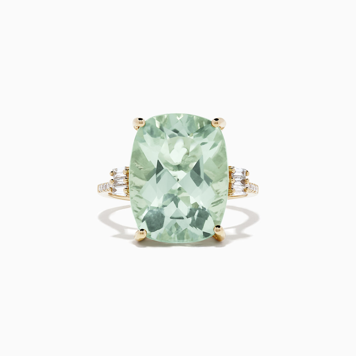 The 14K Yellow Gold Green Amethyst and Diamond Cocktail Ring (10.51 TCW) showcases a striking rectangular green amethyst center, accented by small diamonds on each side, set against a white background.