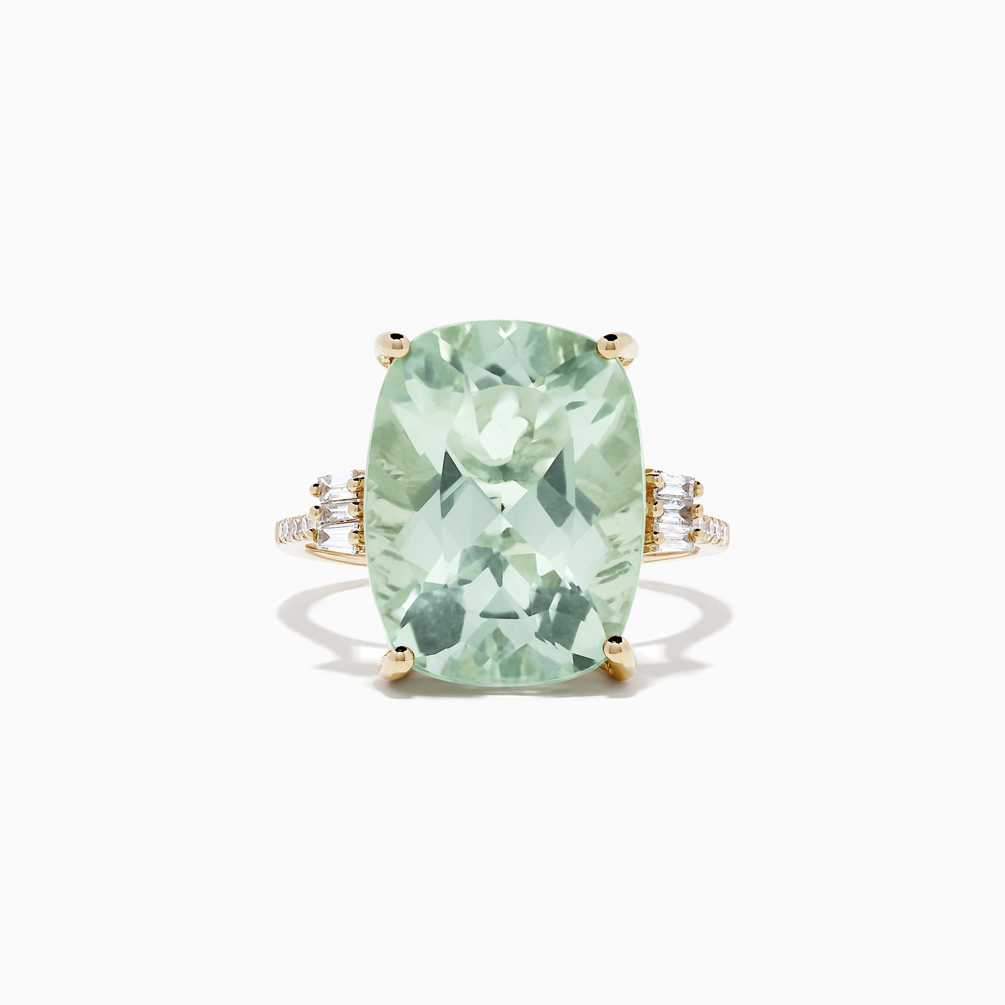 The 14K Yellow Gold Green Amethyst and Diamond Cocktail Ring (10.51 TCW) showcases a striking rectangular green amethyst center, accented by small diamonds on each side, set against a white background.