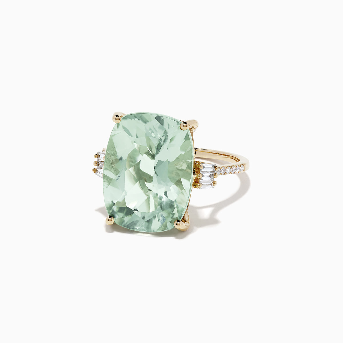 The 14K Yellow Gold Green Amethyst and Diamond Cocktail Ring (10.51 TCW) showcases a striking rectangular green amethyst center, accented by small diamonds on each side, set against a white background.