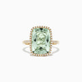 The 14K Yellow Gold Green Amethyst and Diamond Ring, 7.16 TCW, by Effy showcases a large rectangular green amethyst framed by a halo of white diamonds, shown on a white background.