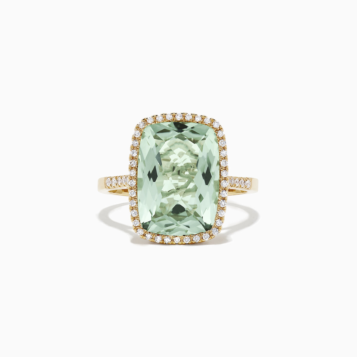 The 14K Yellow Gold Green Amethyst and Diamond Ring, 7.16 TCW, by Effy showcases a large rectangular green amethyst framed by a halo of white diamonds, shown on a white background.