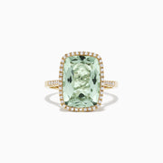 The 14K Yellow Gold Green Amethyst and Diamond Ring, 7.16 TCW, by Effy showcases a large rectangular green amethyst framed by a halo of white diamonds, shown on a white background.