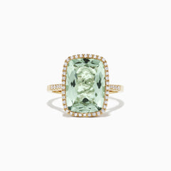 The 14K Yellow Gold Green Amethyst and Diamond Ring, 7.16 TCW, by Effy showcases a large rectangular green amethyst framed by a halo of white diamonds, shown on a white background.