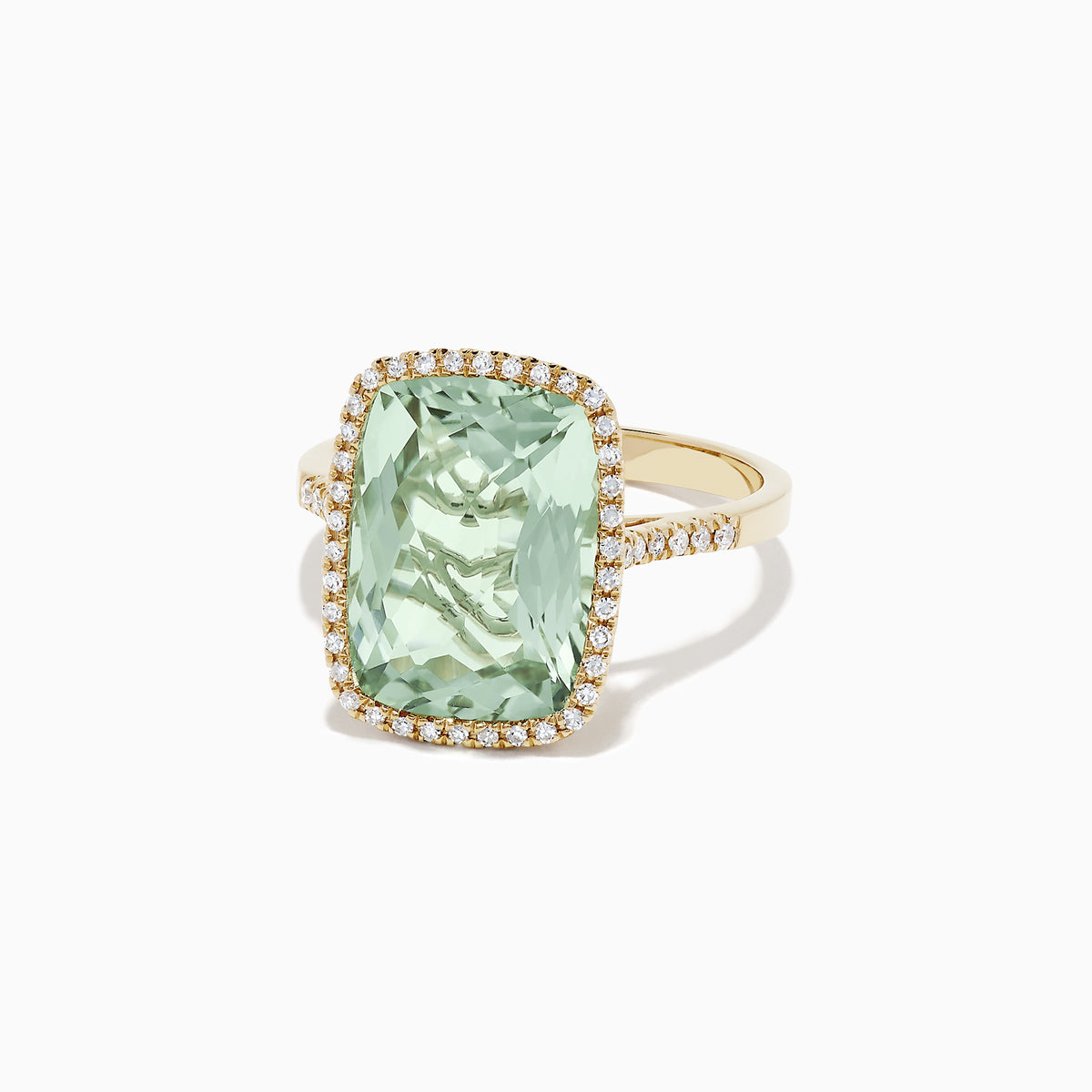 The 14K Yellow Gold Green Amethyst and Diamond Ring, 7.16 TCW, by Effy showcases a large rectangular green amethyst framed by a halo of white diamonds, shown on a white background.