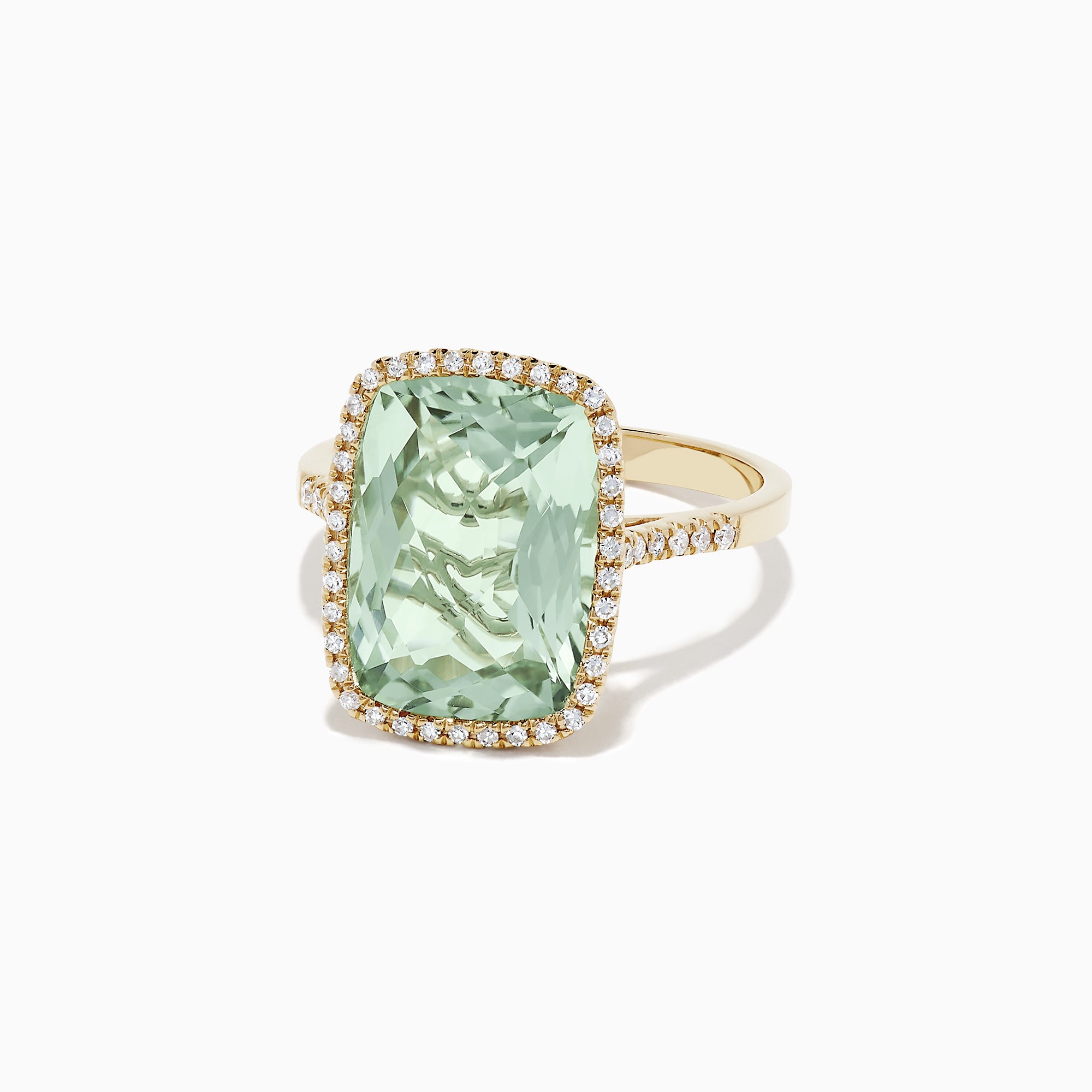 The 14K Yellow Gold Green Amethyst and Diamond Ring, 7.16 TCW, by Effy showcases a large rectangular green amethyst framed by a halo of white diamonds, shown on a white background.