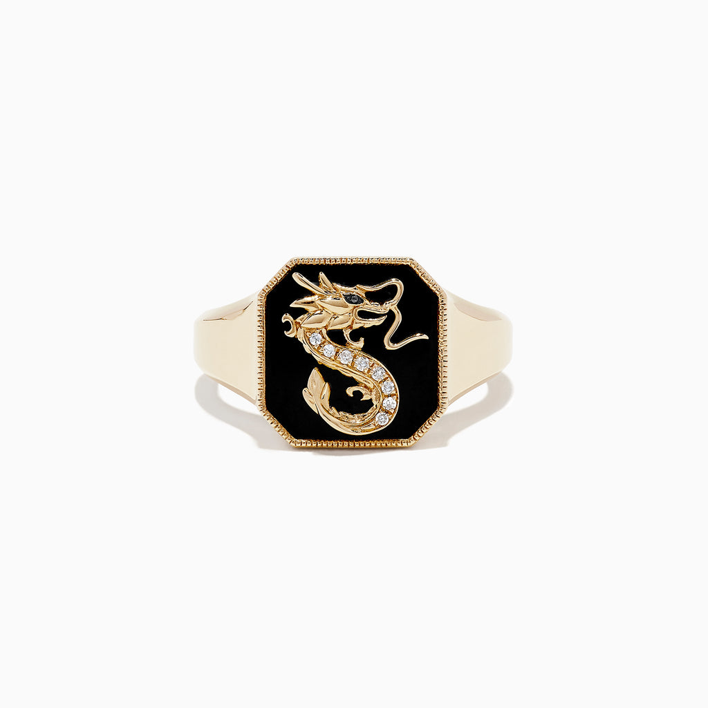 Effy Novelty 14K Yellow Gold Onyx and Diamond Dragon Signet Ring, 1.91 TCW